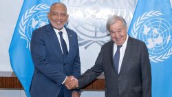 UN Secretary-General António Guterres, right, meets with Godwin Friday, Prime Minister and Minister for Finance, Legal Affairs and Justice, Economic Planning and Private Sector Development of St. Vincent and the Grenadines in New York on Sunday, Sept. 20, 2026. (UN Photo/Eskinder Debebe)