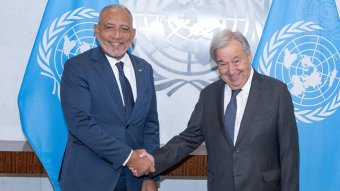 UN Secretary-General António Guterres, right, meets with Godwin Friday, Prime Minister and Minister for Finance, Legal Affairs and Justice, Economic Planning and Private Sector Development of St. Vincent and the Grenadines in New York on Sunday, Sept. 20, 2026. (UN Photo/Eskinder Debebe)