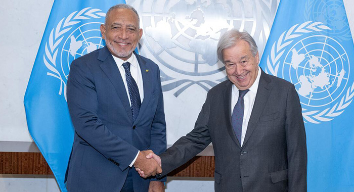 UN Secretary-General António Guterres, right, meets with Godwin Friday, Prime Minister and Minister for Finance, Legal Affairs and Justice, Economic Planning and Private Sector Development of St. Vincent and the Grenadines in New York on Sunday, Sept. 20, 2026. (UN Photo/Eskinder Debebe)