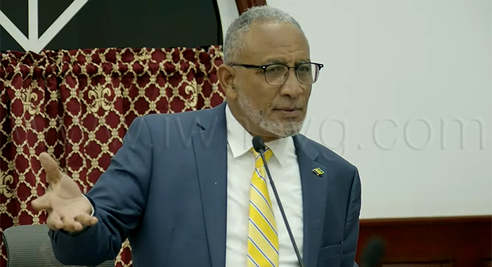 Prime Minister Godwin Friday speaking in Parliament on Aug. 27, 2026. 