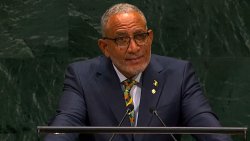 Prime Minister of St. Vincent and the Grenadines, Godwin Friday addresses the United Nations General Assembly on Friday, Sept. 25, 2025. 