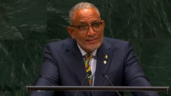 Prime Minister of St. Vincent and the Grenadines, Godwin Friday addresses the United Nations General Assembly on Friday, Sept. 25, 2025. 