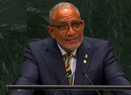 Prime Minister of St. Vincent and the Grenadines, Godwin Friday addresses the United Nations General Assembly on Friday, Sept. 25, 2025. 
