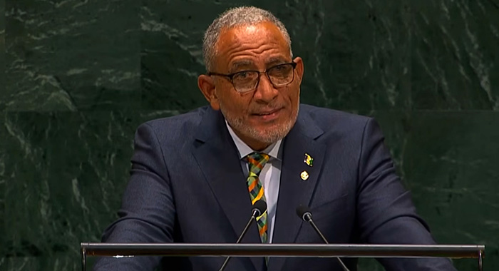 Prime Minister of St. Vincent and the Grenadines, Godwin Friday addresses the United Nations General Assembly on Friday, Sept. 25, 2025. 