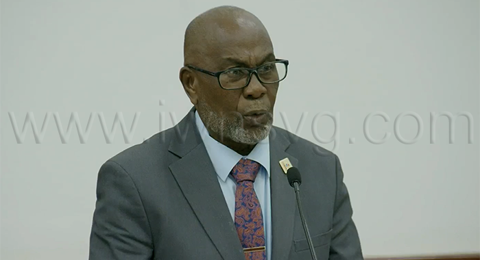 Deputy Prime Minister and National Security Minister St. Clair Leacock speaking in Parliament on Aug. 27, 2026.