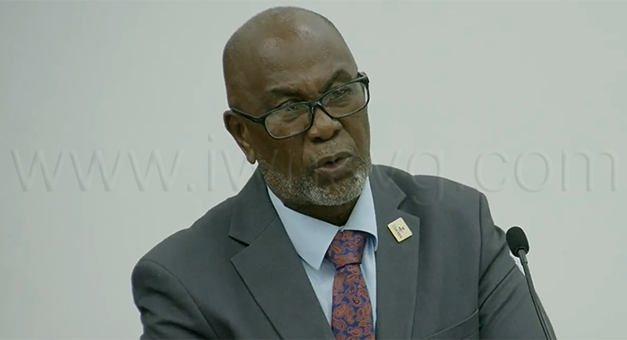 Deputy Prime Minister and National Security Minister St. Clair Leacock speaking in Parliament on Thursday, Aug. 27, 2026.