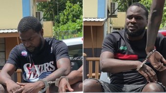 McGavin Willie (l) and Kerry Edwards (r) leave the Serious Offences Court on Oct. 13 2026, after being fined EC$32,660 each for cannabis and cannabis resin-related offences.