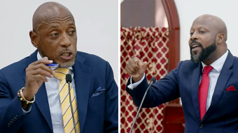 Foreign Affairs Minister Dwight Fitzgerald Bramble, right, left, and opposition senator, Carlos James in Parliament on Thursday, Oct. 22, 2026. 