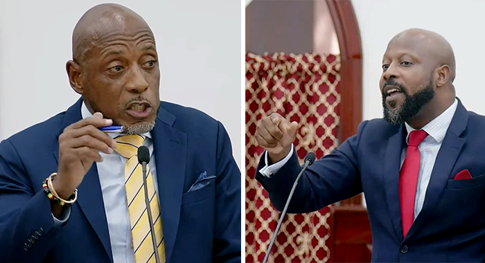 Foreign Affairs Minister Dwight Fitzgerald Bramble, right, left, and opposition senator, Carlos James in Parliament on Thursday, Oct. 22, 2026. 
