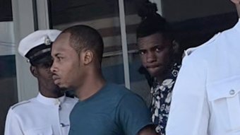 The defendants, Gevonni Joseph, left, and Marco Noel, leave the High Court in Kingstown on Monday, Oct. 26, 2026, after their sentencing. 