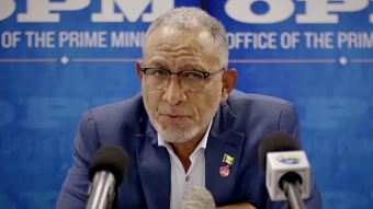 Prime Minister Godwin Friday speaking at a press conference in Kingstown on Friday, Oct. 9, 2026, to update St. Vincent and the Grenadines on the impact of the tropical wave on the country on Tuesday, Oct. 6. 2026. 