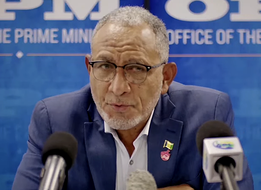 Prime Minister Godwin Friday speaking at a press conference in Kingstown on Friday, Oct. 9, 2026, to update St. Vincent and the Grenadines on the impact of the tropical wave on the country on Tuesday, Oct. 6. 2026. 
