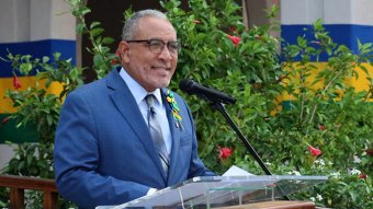 Prime Minister Godwin Friday speaking at the Independence Flag Raising Ceremony in Kingstown, on Thursday, Oct. 2, 2026. 