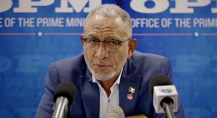 Prime Minister Godwin Friday speaking at a press conference in Kingstown on Friday, Oct. 9, 2026, to update St. Vincent and the Grenadines on the impact of the tropical wave on the country on Tuesday, Oct. 6. 2026. 
