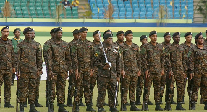 Members of the Special Services Unit, a tactical squad of the Royal St. Vincent and the Grenadines Police Force, during the parade in Arnos Vale to mark the 47th anniversary of Independence on Tuesday, Oct. 27, 2027.