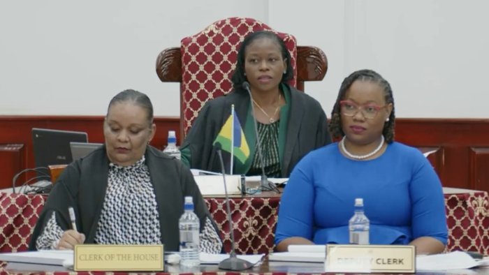 (l-r) Clerk of the House Jenielle Lewis-Browne, Speaker of the House Ronnia Durham-Balcombe, and Deputy Clerk Rachelle Chance seated during the House of Assembly session on Oct. 22, 2026.