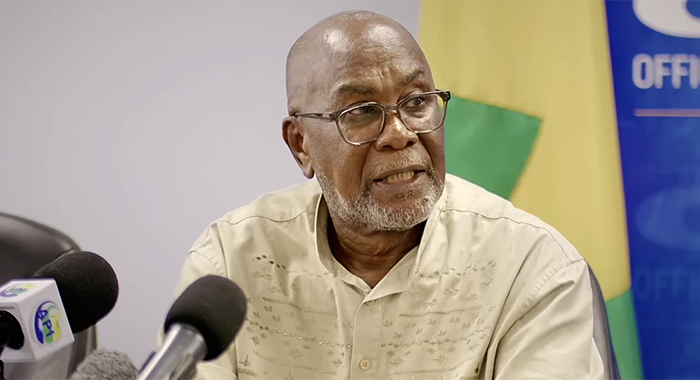 Deputy Prime Minister and Minister of National Security, St. Clair Leacock, speaking at a press conference in Kingstown on Friday, Oct. 9, 2026, to update St. Vincent and the Grenadines on the impact of the tropical wave on the country on Tuesday, Oct. 6. 2026. 