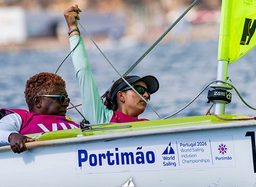 Visually impaired Vincentian sailor, Lorna Bacchus, at the helm, crewed by Sacrlett Hadely at the 2026 World Sailing Inclusion Championship in Portugal. Photo: Vela Solidária
